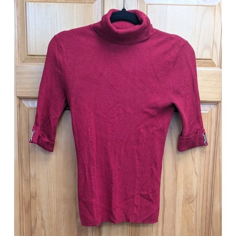 Carmen Women's Large Sweater Short Sleeves Turtleneck Ribbed Red Knit Top